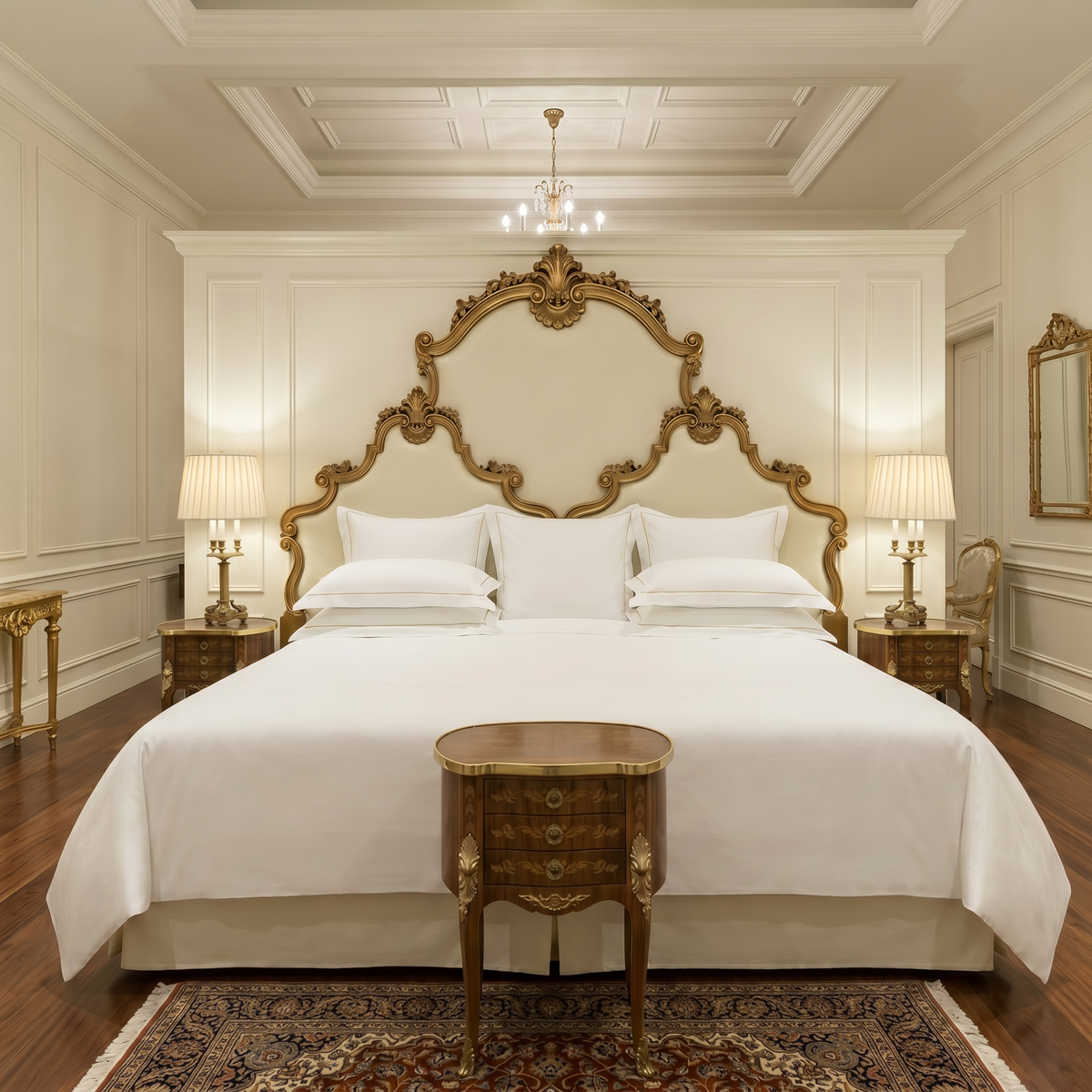 White bedding on a double bed with an ornate gold headboard and a wooden table at the foot