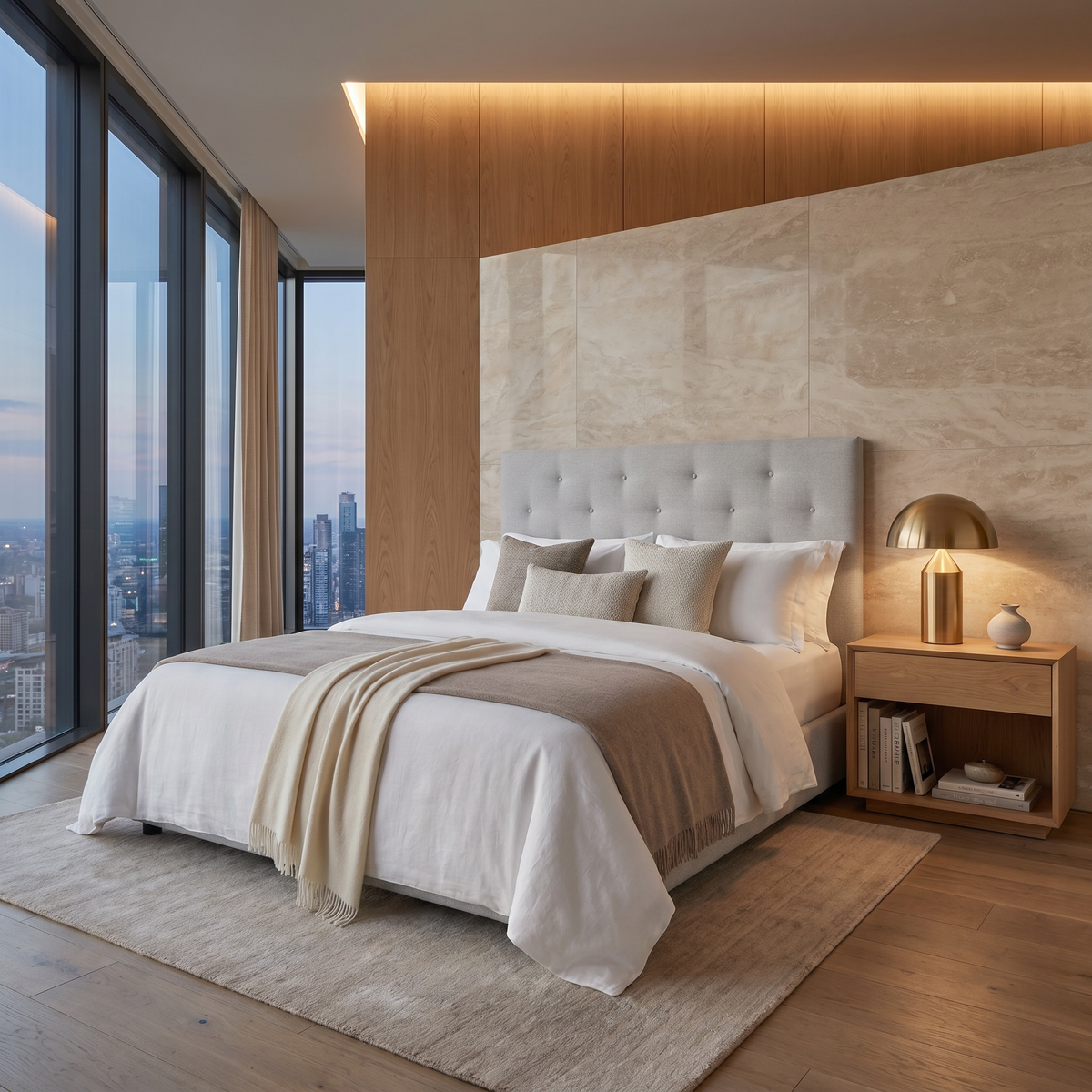 Light-coloured buttoned Hotel HB V headboard behind a bed with white bedding