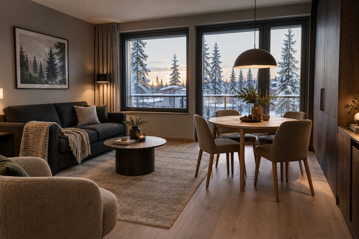 Harmaa sohva ja pyöreä ruokapöytä lämpimän sävyisessä huoneistossa, jonka ikkunasta näkyy luminen maisema.