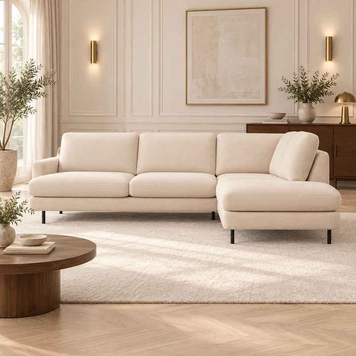 Hotel Luxus Clara sohva, monta kokoa – pale warm beige, sisustettu olohuone