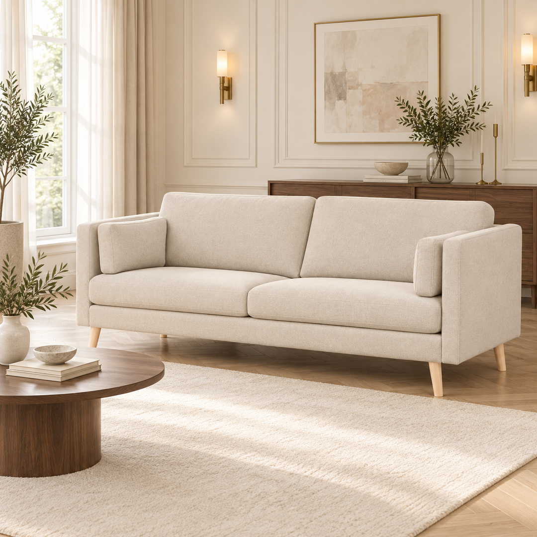 Hotel Luxus Ella sohva – pale warm beige, sisustettu olohuone