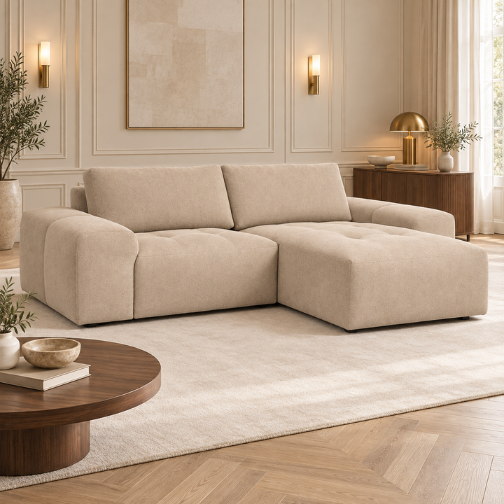 Hotel Luxus Madele 2 sohva - 2-istuttava sohva divaanilla, oikea (252 cm) – pale warm beige, sisustettu olohuone
