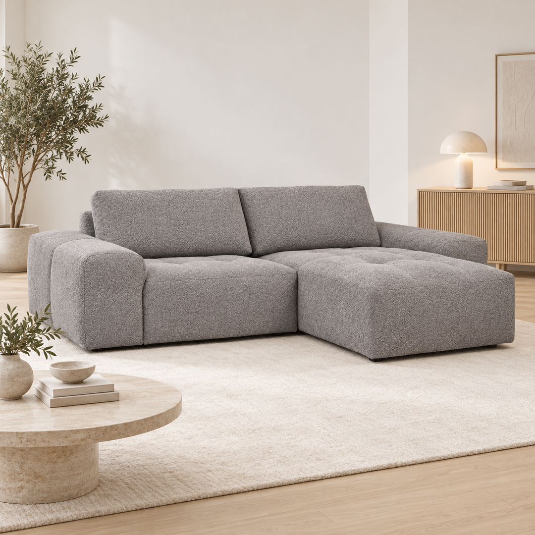 Hotel Luxus Madele 2 sohva - 2-istuttava sohva divaanilla, oikea (252 cm) – neutral medium grey, sisustettu olohuone