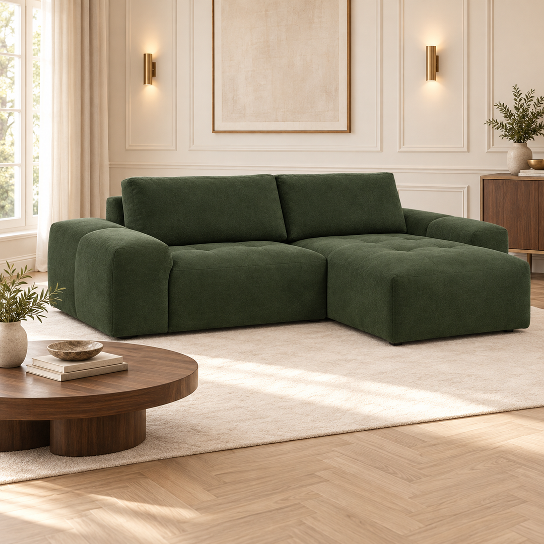 Hotel Luxus Madele 2 sohva - 2-istuttava sohva divaanilla, oikea (252 cm) – deep forest green, sisustettu olohuone