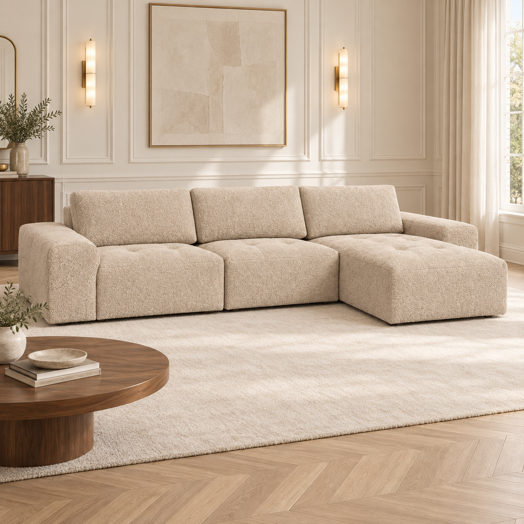Hotel Luxus Madele 5 sohva - 3-istuttava sohva divaanilla, oikea (344 cm) – pale warm beige, sisustettu olohuone