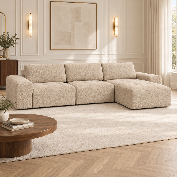 Hotel Luxus Madele 5 sohva - 3-istuttava sohva divaanilla, oikea (344 cm) – pale warm beige, sisustettu olohuone