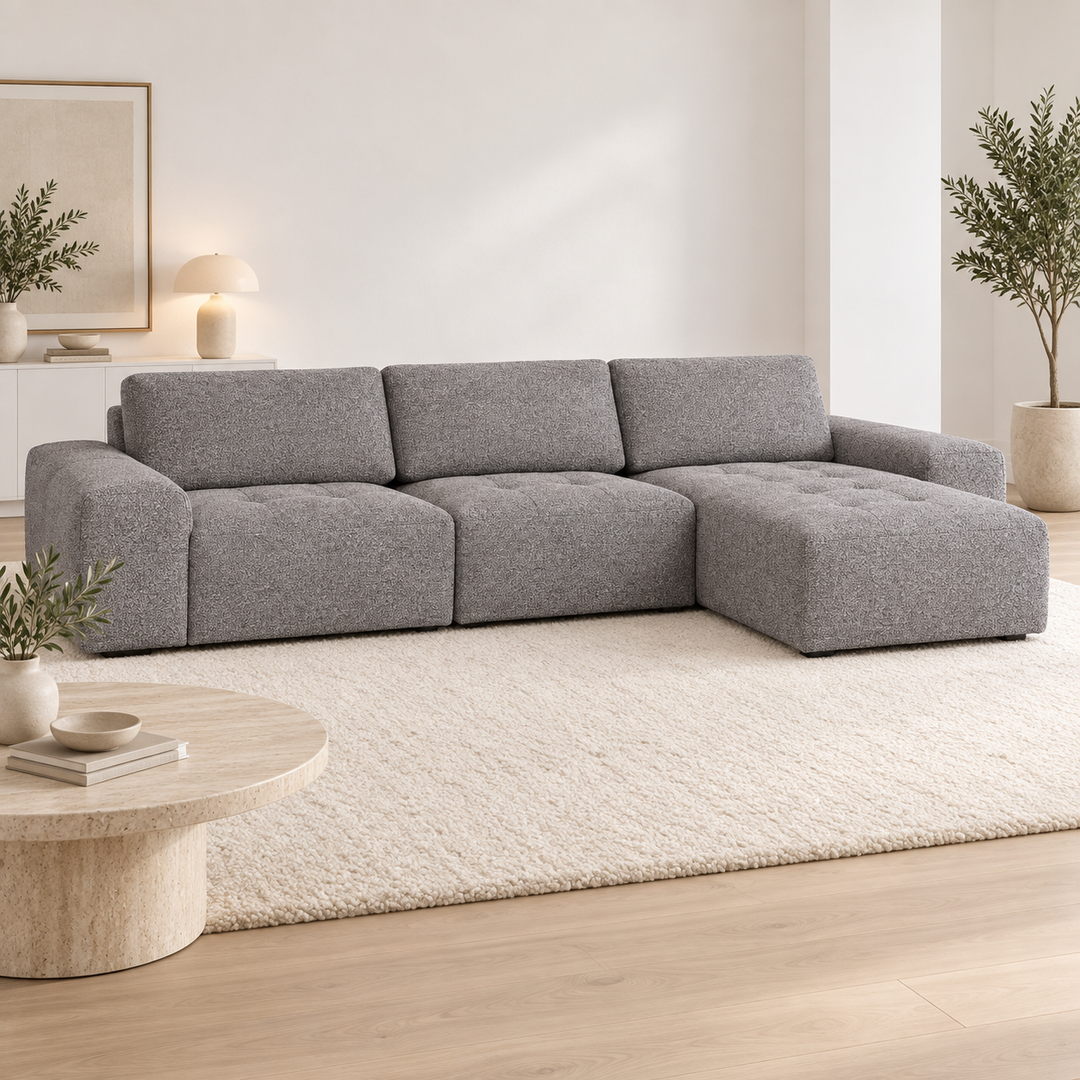 Hotel Luxus Madele 5 sohva - 3-istuttava sohva divaanilla, oikea (344 cm) – neutral medium grey, sisustettu olohuone