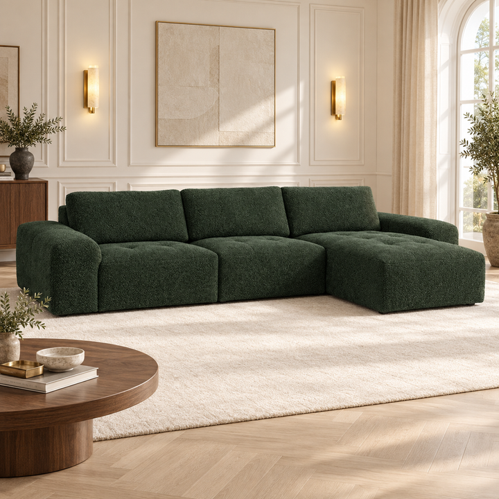 Hotel Luxus Madele 5 sohva - 3-istuttava sohva divaanilla, oikea (344 cm) – deep forest green, sisustettu olohuone