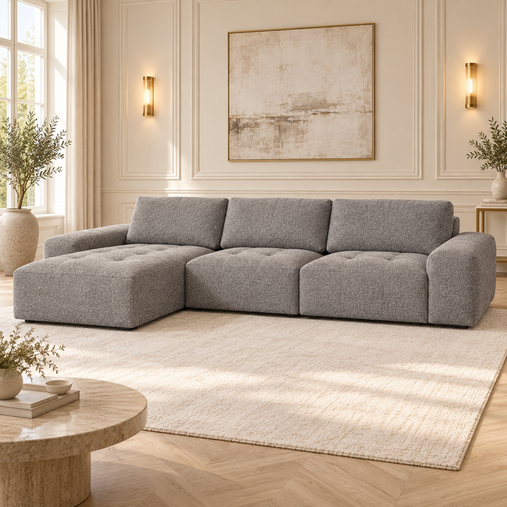 Hotel Luxus Madele 5 sohva - 3-istuttava sohva divaanilla, vasen (344 cm) – neutral medium grey, sisustettu olohuone