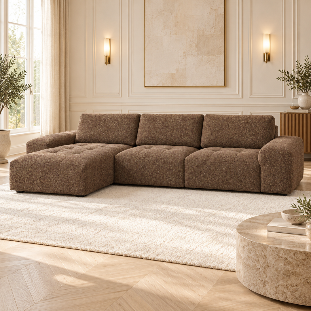 Hotel Luxus Madele 5 sohva - 3-istuttava sohva divaanilla, vasen (344 cm) – rich chocolate brown, sisustettu olohuone