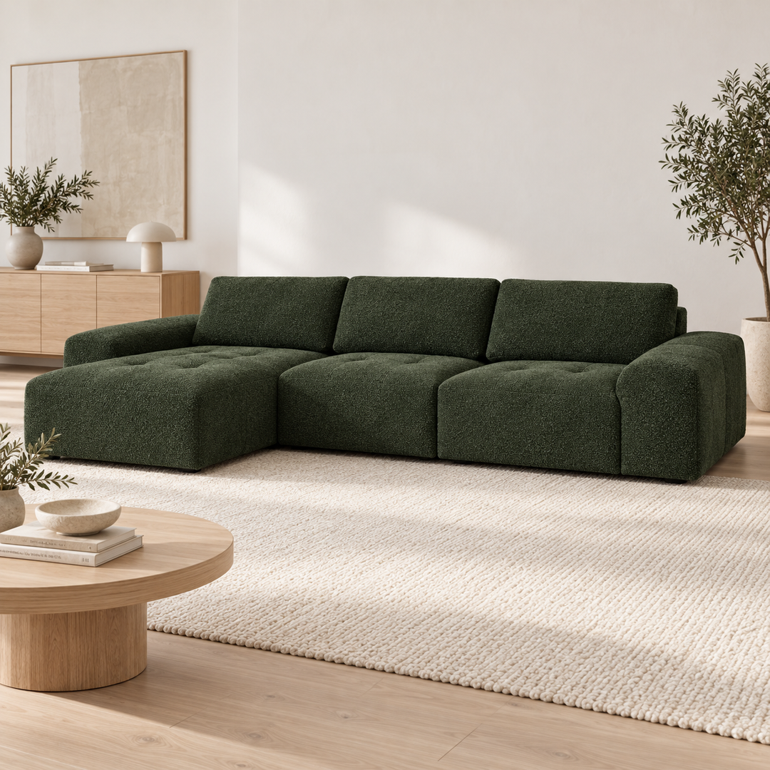 Hotel Luxus Madele 5 sohva - 3-istuttava sohva divaanilla, vasen (344 cm) – deep forest green, sisustettu olohuone