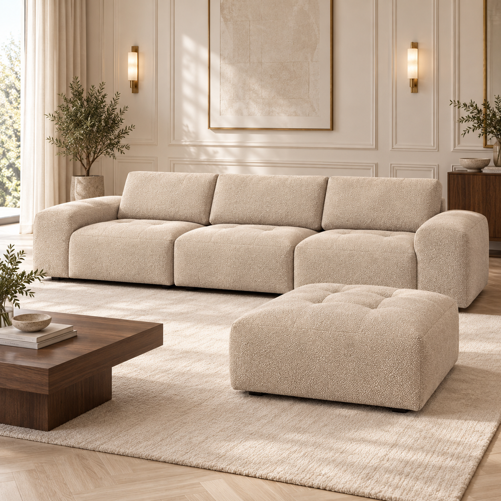Hotel Luxus Madele 6 sohva - 3-istuttava sohva rahilla (342 cm) – pale warm beige, sisustettu olohuone