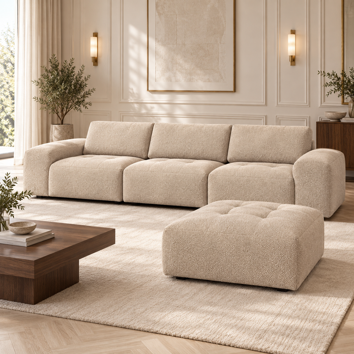 Hotel Luxus Madele 6 sohva - 3-istuttava sohva rahilla (342 cm) – pale warm beige, sisustettu olohuone