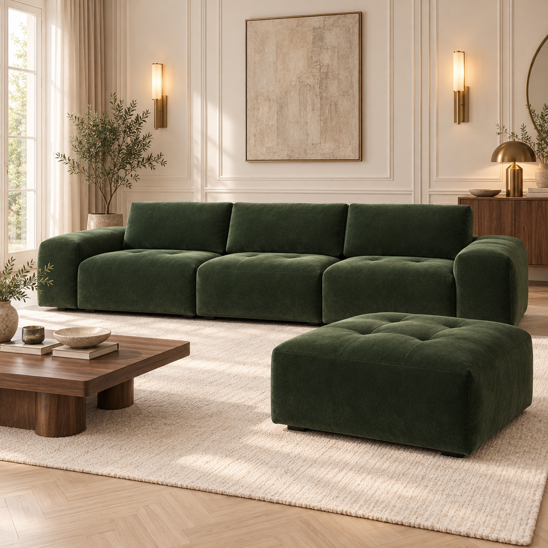 Mörkgrön Madele-soffa med tre sittdelar och en djuphäftad puff, med ett rektangulärt träbord till vänster.