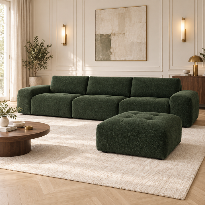Hotel Luxus Madele 6 sohva - 3-istuttava sohva rahilla (342 cm) – deep forest green, sisustettu olohuone