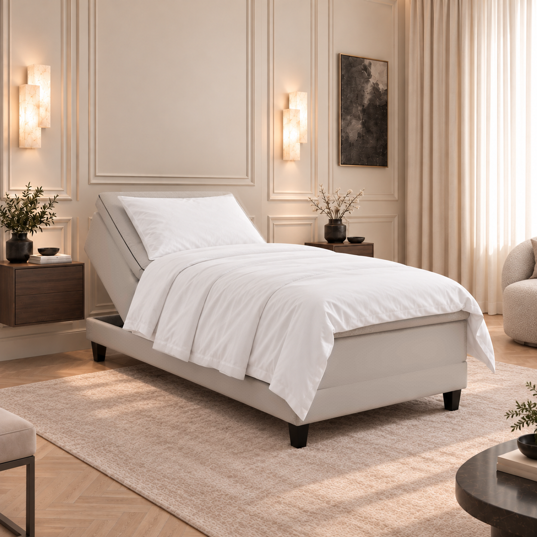 Hotel Luxus Moottorisänky, 90x200 cm, Thomas 05 beige tyylikkäässä makuuhuoneessa