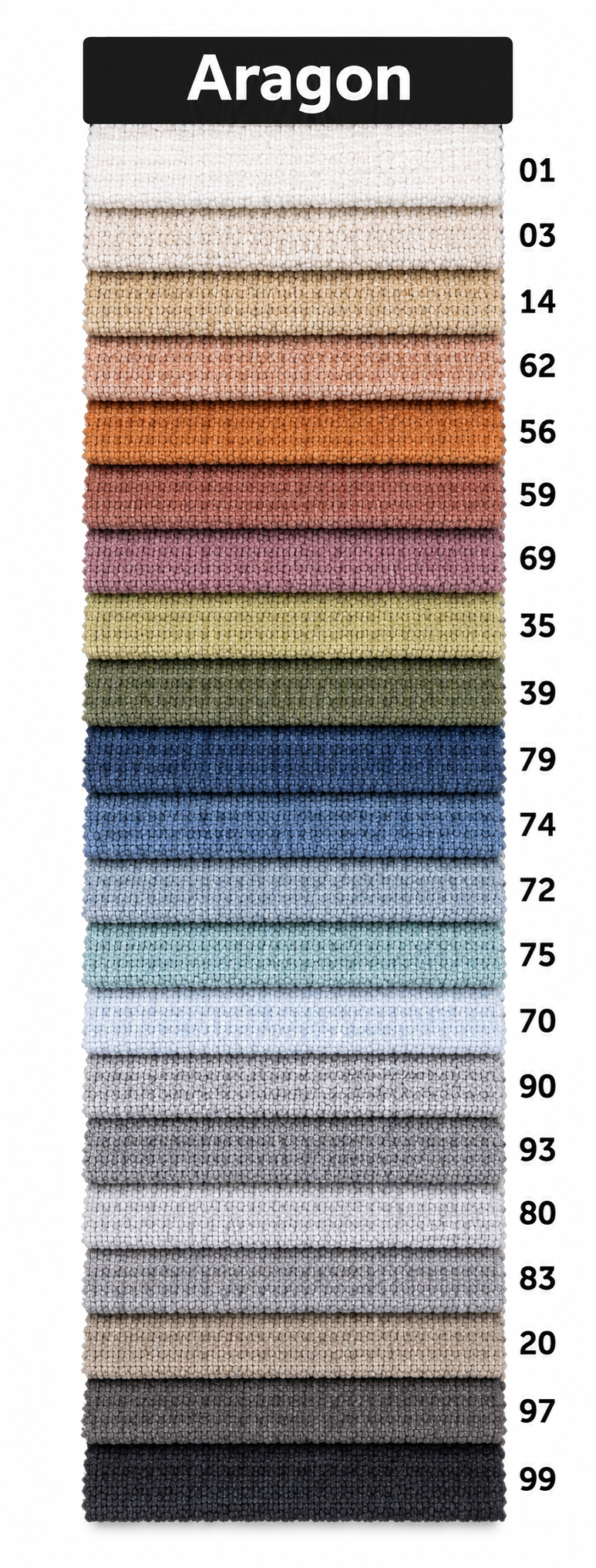 Aragon upholstery fabric colour chart with woven swatches and manufacturer colour codes.