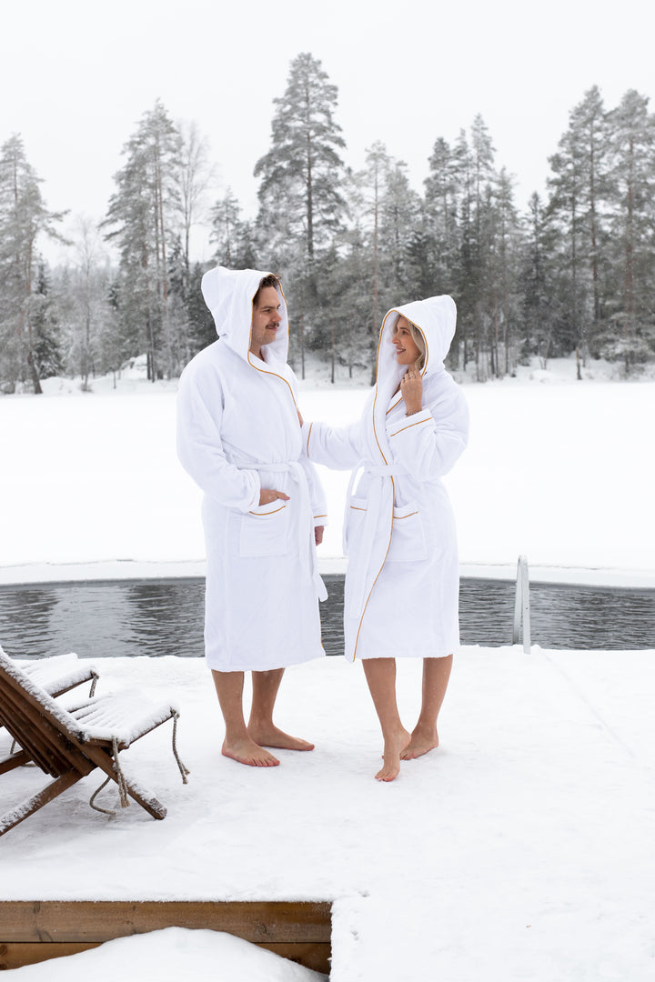 Hotel High-End bathrobe Hooded model, with golden trim