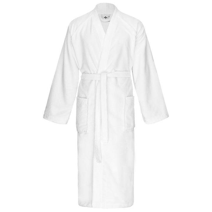 White Hotel Spa Kimono bathrobe with tied belt, front view
