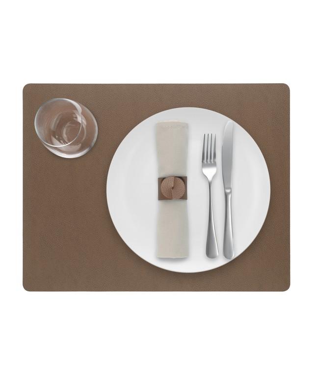 Taupe rectangular Finesse placemat with a white plate, cutlery and glass viewed from above