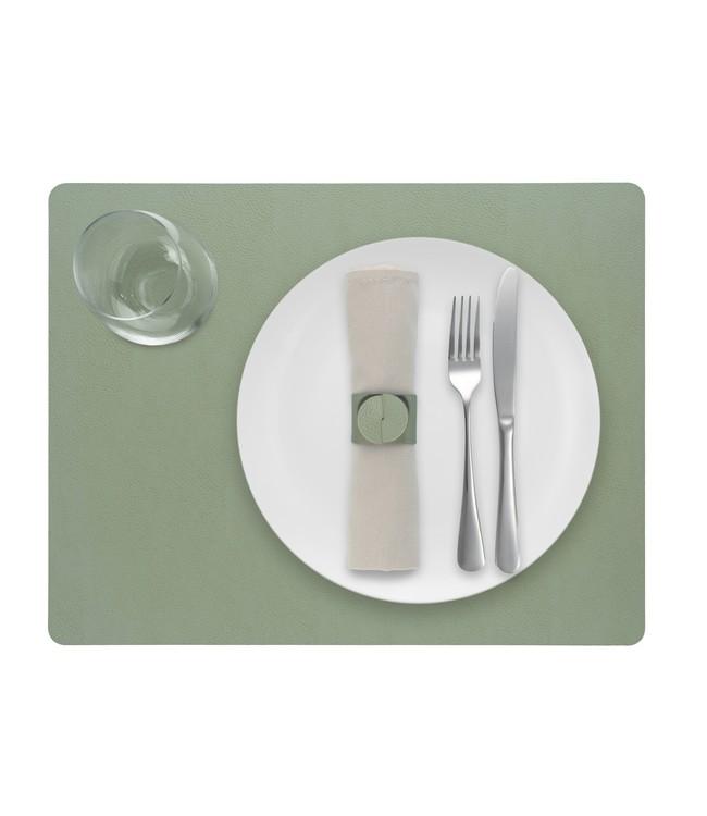 Green rectangular Finesse placemat with a white plate, cutlery and glass viewed from above