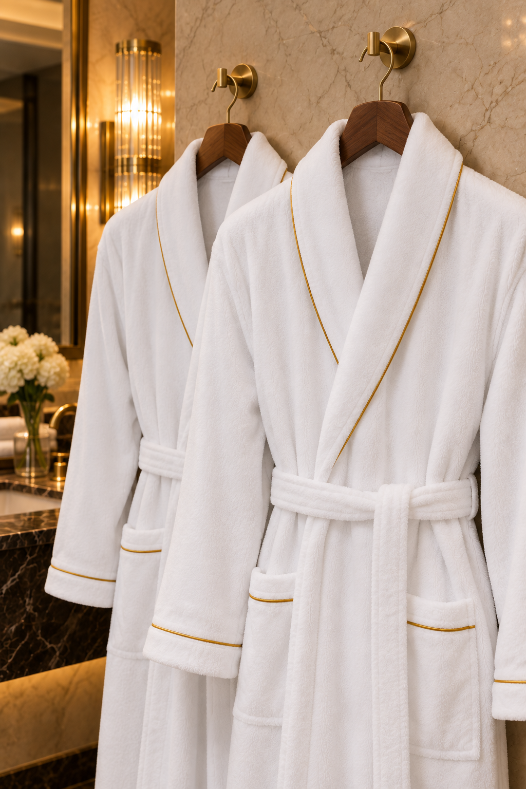 Hotel High-End -kylpytakki No Problem, kultaisella tereellä – kaksi kylpytakkia puuhenkareissa, materiaalin ja kauluksen lähikuva