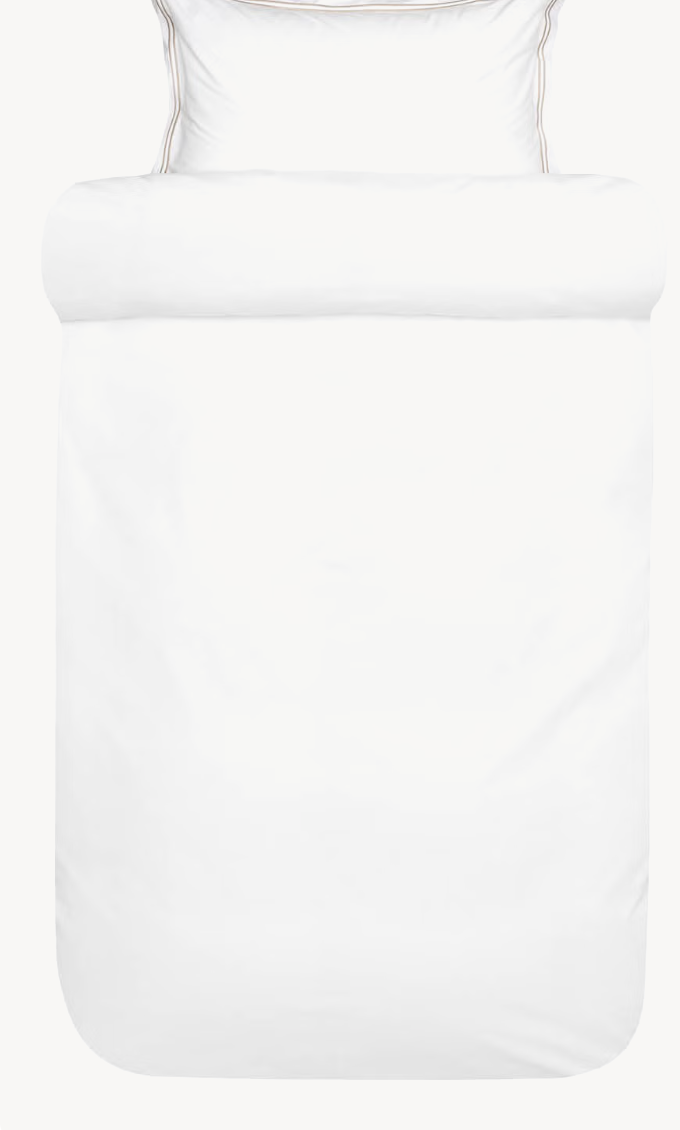 White Høie Paris duvet cover and border-striped pillowcase shown in full