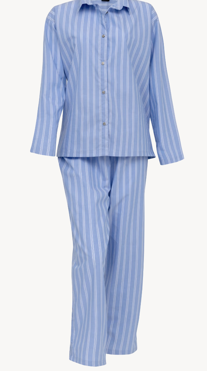 Blue and white striped Høie Sana pyjama set with a long-sleeved button shirt and long trousers against a white background