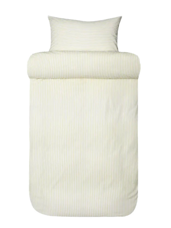 Pale green and white striped Høie Tor duvet cover and pillowcase against a white background