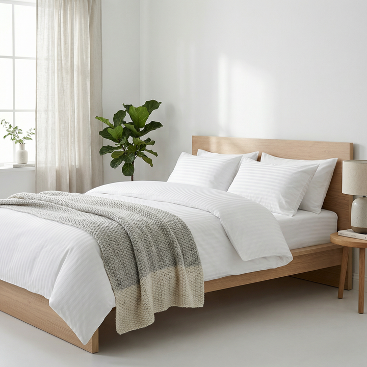 White bed linen and a grey-green throw on a light wooden bed