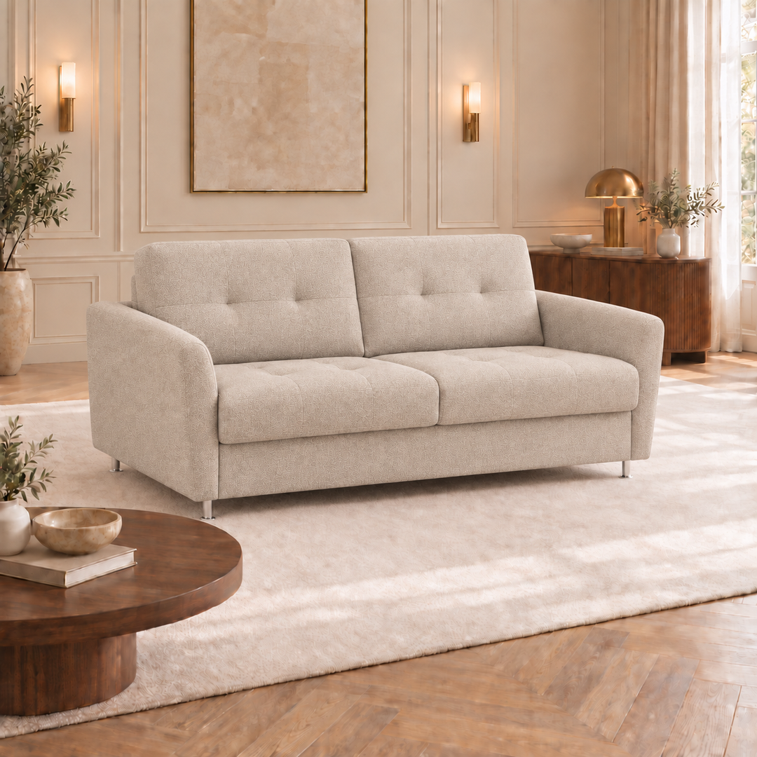Hotel Luxus Cozy – suora vuodesohva, beige bubble-verhoilu, sohva-asennossa vaaleassa olohuoneessa. Verhoilun havainnekuva.