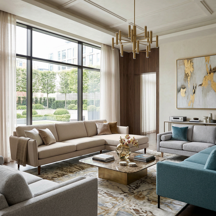 Greige and blue Hotel Luxus Elegant sofas in a spacious living room
