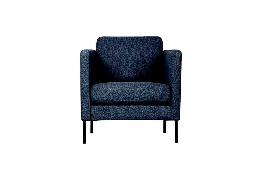 Front view of a dark blue Hotel Luxus Elegant armchair with slim black legs
