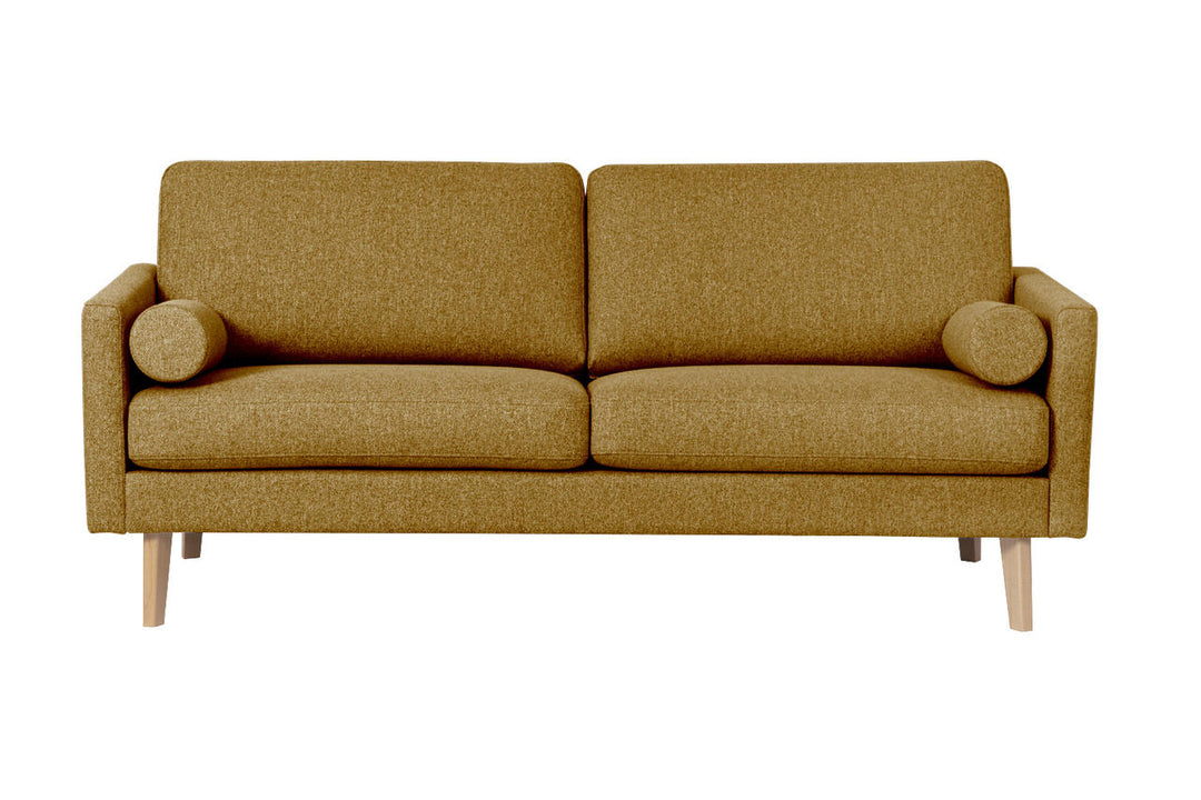 Ochre yellow Hotel Luxus Elegant sofa with wooden legs and two bolster cushions