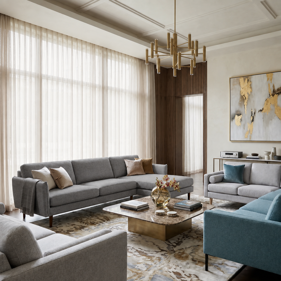 Hotel Luxus Elegant sohva, harmaa verhoilu sisustuksessa. Väriversion havainnekuva.
