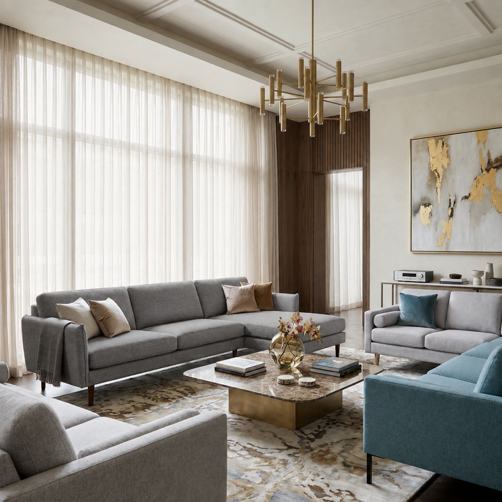 Hotel Luxus Elegant sohva, harmaa verhoilu sisustuksessa. Väriversion havainnekuva.