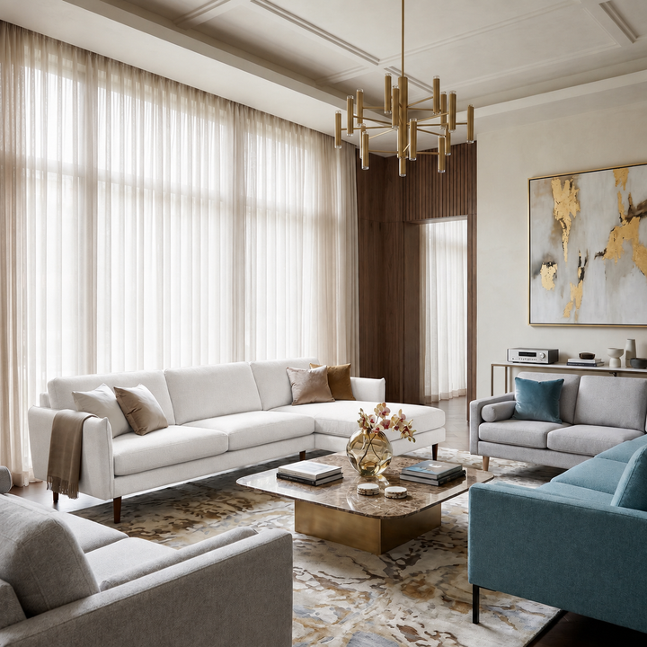 Hotel Luxus Elegant sohva, valkoinen verhoilu sisustuksessa. Väriversion havainnekuva.