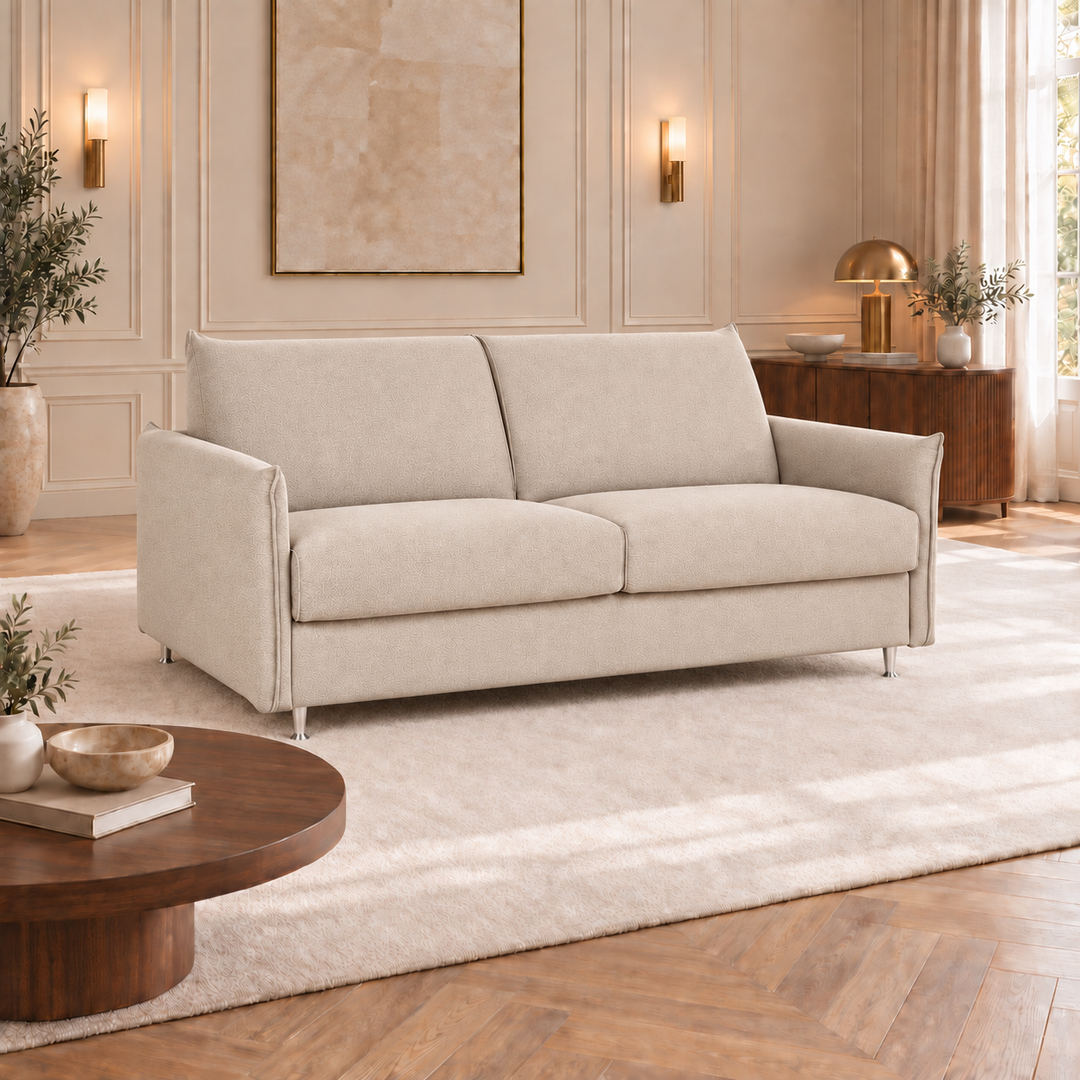 Hotel Luxus Enzo – suora vuodesohva, beige bubble-verhoilu, sohva-asennossa vaaleassa olohuoneessa. Verhoilun havainnekuva.