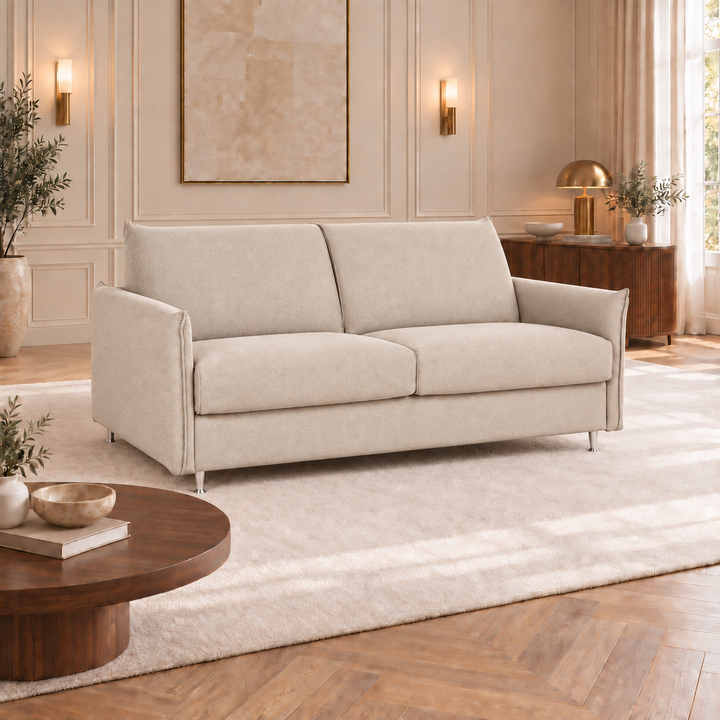 Hotel Luxus Enzo – suora vuodesohva, beige bubble-verhoilu, sohva-asennossa vaaleassa olohuoneessa. Verhoilun havainnekuva.