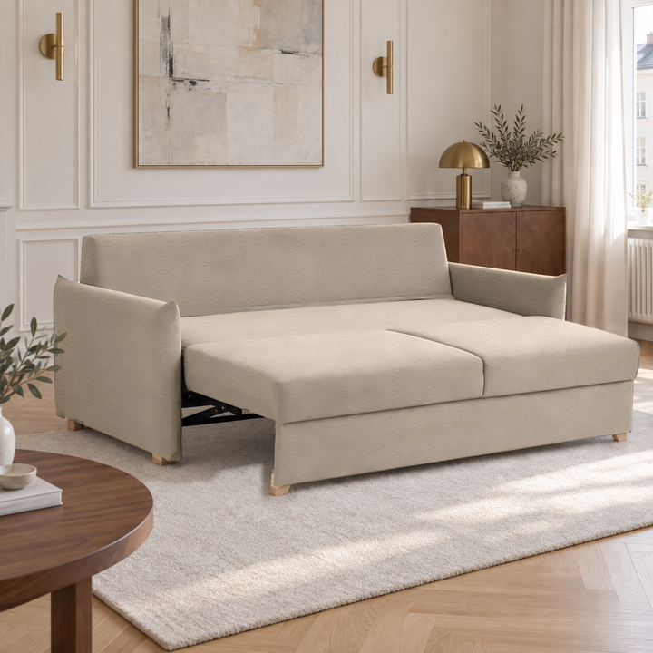 Hotel Luxus Growe vuodesohva, beige, avattuna vuoteeksi, olohuoneessa