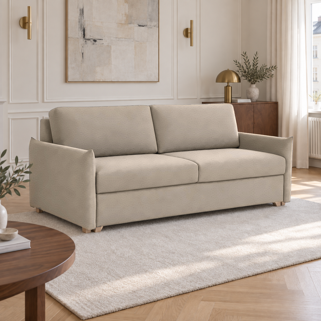 Hotel Luxus Growe vuodesohva, beige, suljettuna, olohuoneessa