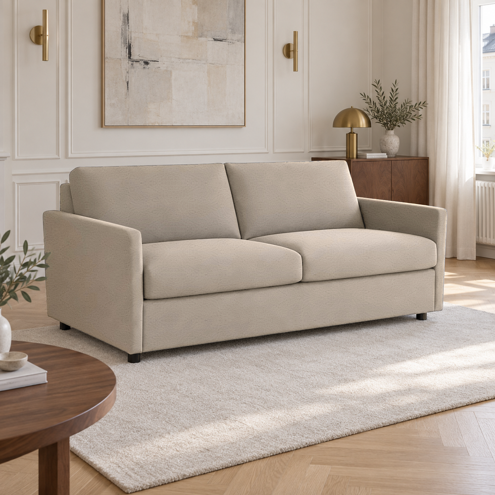 Hotel Luxus Herman vuodesohva, beige, suljettuna, olohuoneessa