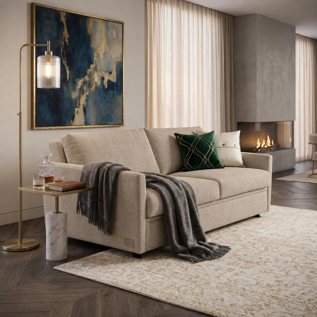 Hotel Luxus Herman vuodesohva, beige verhoilu sisustuksessa. Väriversion havainnekuva.