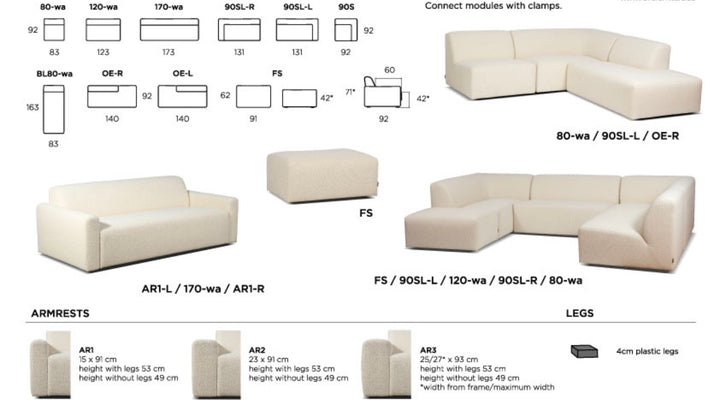 Heta modular sofa parts and dimensions in cm: seats 83/123/173 × 92; chaise 83 × 163; corner 92 × 92; open end 140 × 92; ottoman 91 × 62. Overall height about 71, seat height about 42, seat depth 60. Modules join with clamps