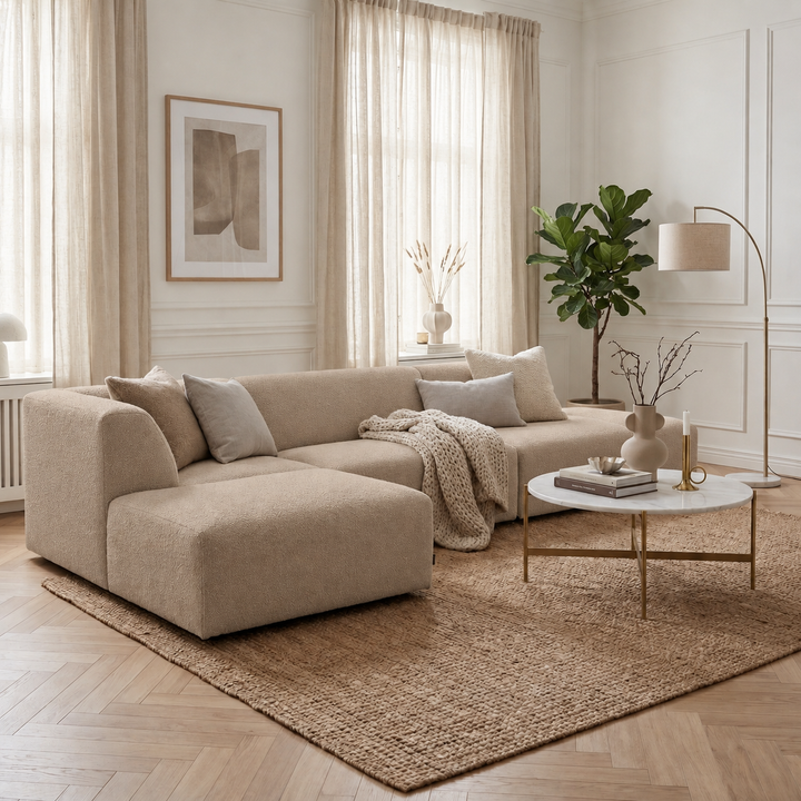 Beige Heta-divansoffa med ljusa kuddar och en stickad pläd framför ett runt vitt soffbord.
