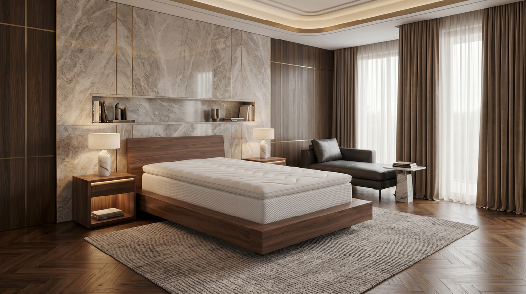 Valkoinen No Problem Hotel Luxus HR35 -petauspatja puurunkoisella sängyllä sisustetussa makuuhuoneessa