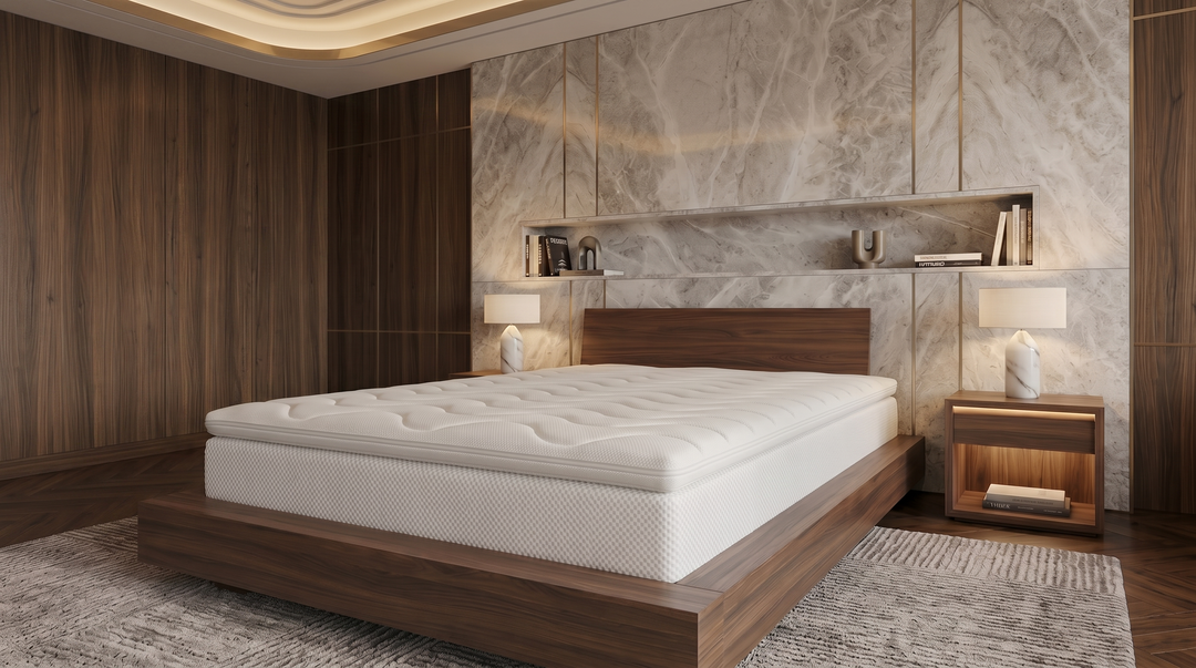Valkoinen No Problem Hotel Luxus HR35 -petauspatja puurunkoisella sängyllä sisustetussa makuuhuoneessa