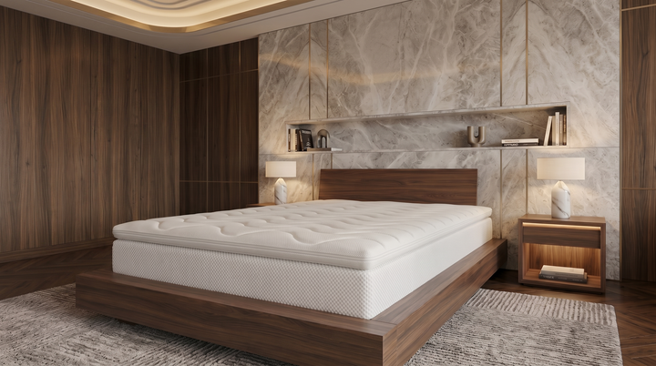 Valkoinen No Problem Hotel Luxus HR35 -petauspatja puurunkoisella sängyllä sisustetussa makuuhuoneessa