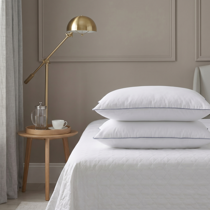Two white Hotel Luxus large pillows with grey piping stacked on a bed beside a lamp