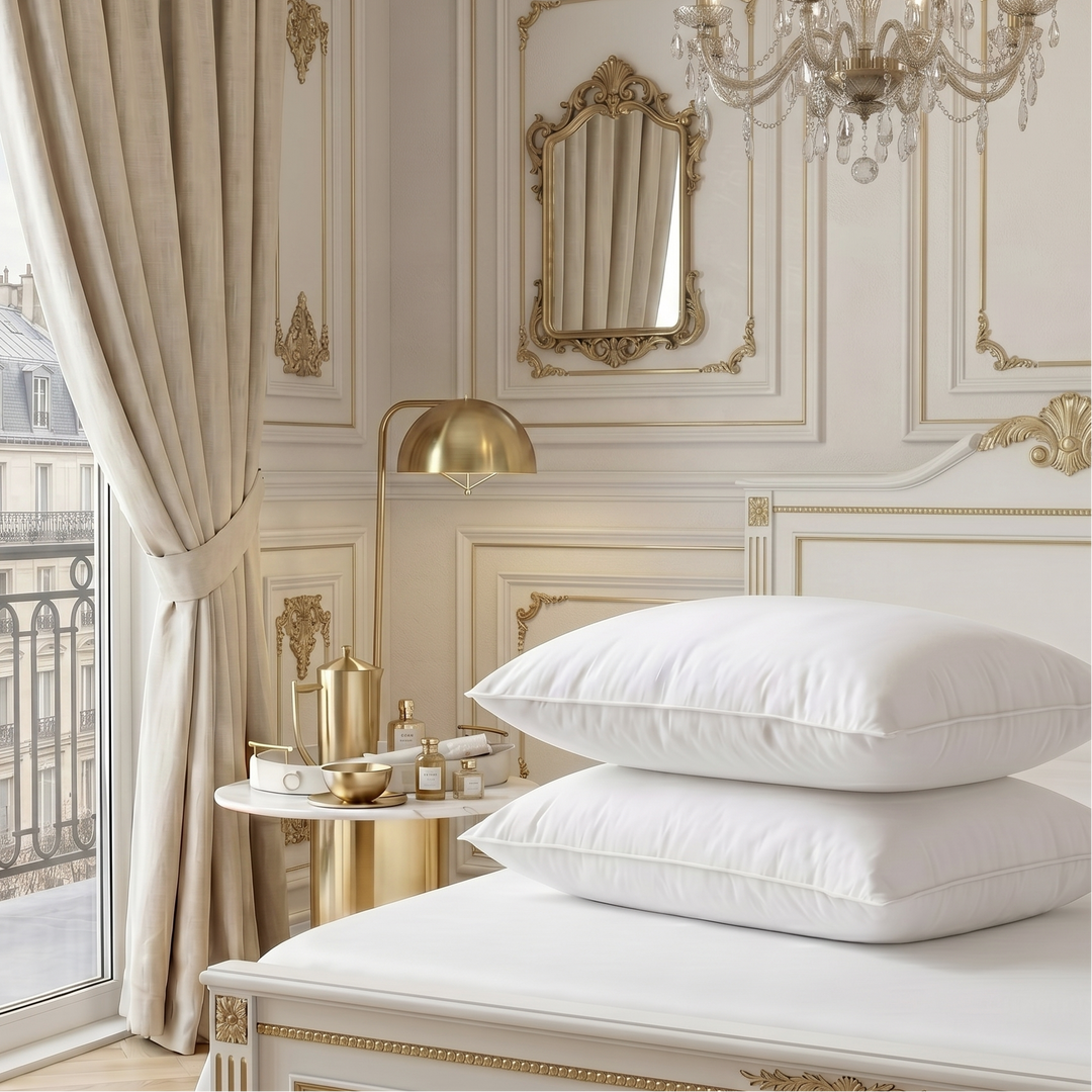 Two white Hotel Luxus large pillows stacked in an ornate bedroom
